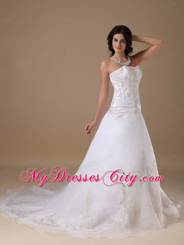 A-line Strapless Chapel Train Embroidery Romantic Wedding Dress