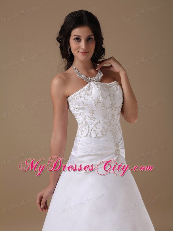 A-line Strapless Chapel Train Embroidery Romantic Wedding Dress