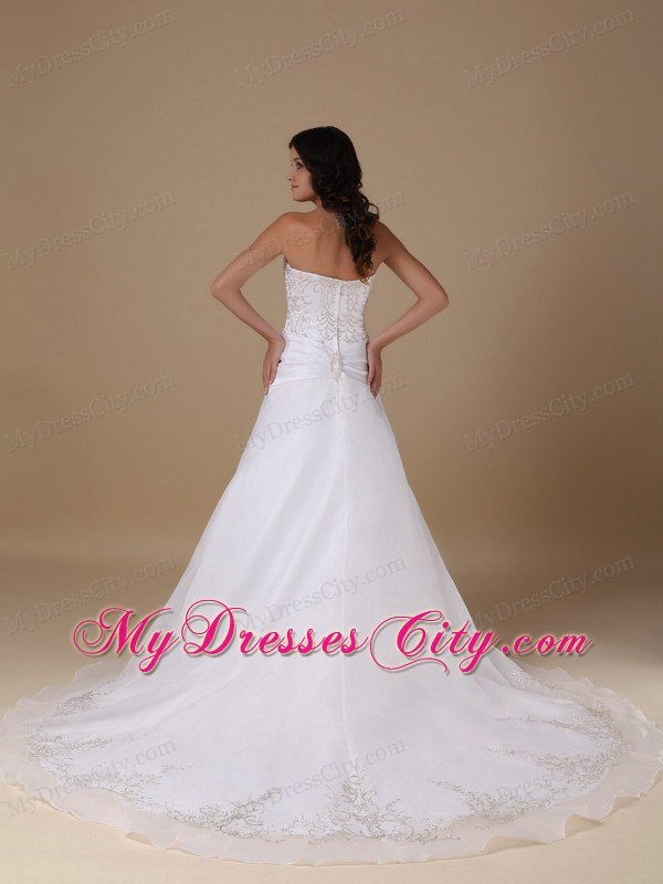 A-line Strapless Chapel Train Embroidery Romantic Wedding Dress