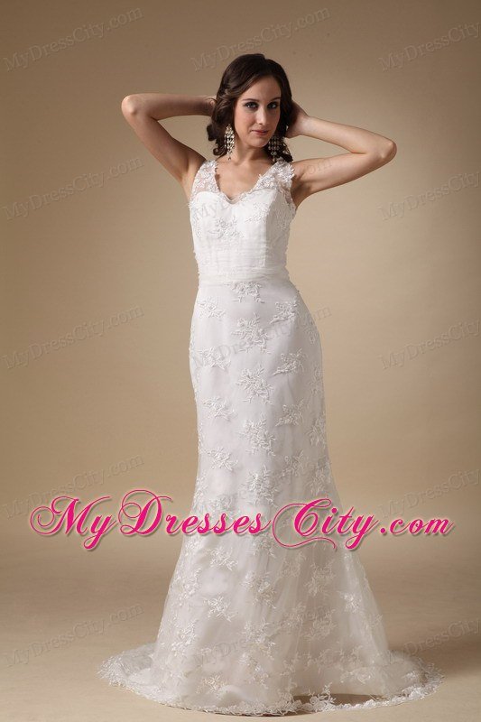 Column V-neck Brush Lace Appliques 2013 Wedding Dress with Hall