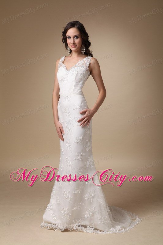 Column V-neck Brush Lace Appliques 2013 Wedding Dress with Hall