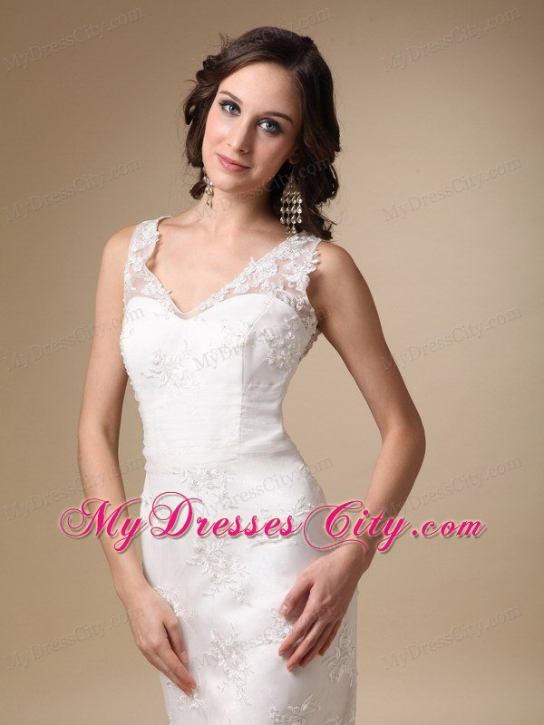 Column V-neck Brush Lace Appliques 2013 Wedding Dress with Hall