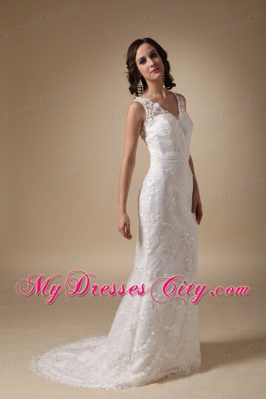 Column V-neck Brush Lace Appliques 2013 Wedding Dress with Hall