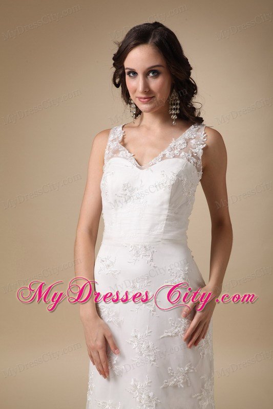 Column V-neck Brush Lace Appliques 2013 Wedding Dress with Hall