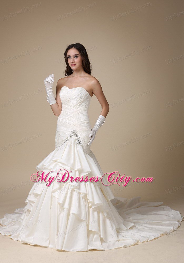 Sexy Mermaid Beading Ruffles Layers Chapel Train Wedding Dress