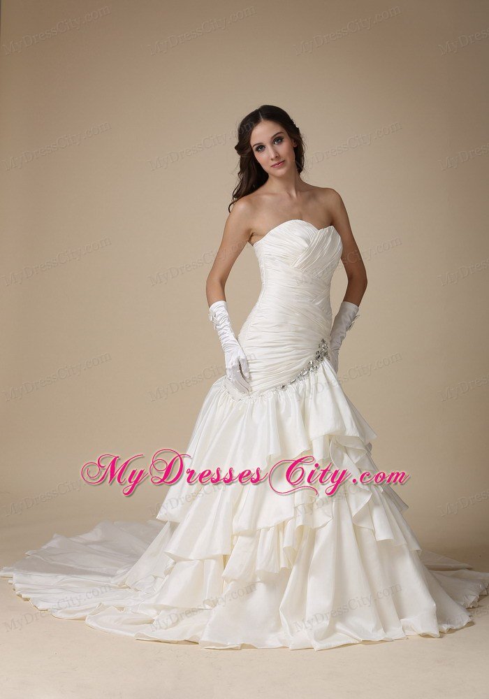 Sexy Mermaid Beading Ruffles Layers Chapel Train Wedding Dress