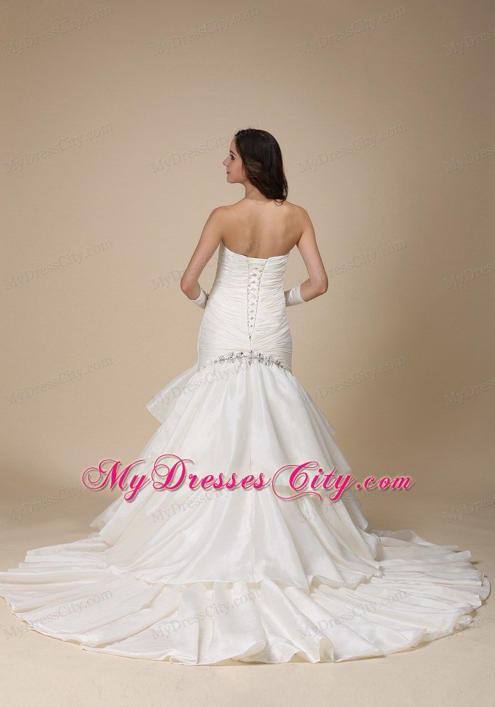 Sexy Mermaid Beading Ruffles Layers Chapel Train Wedding Dress