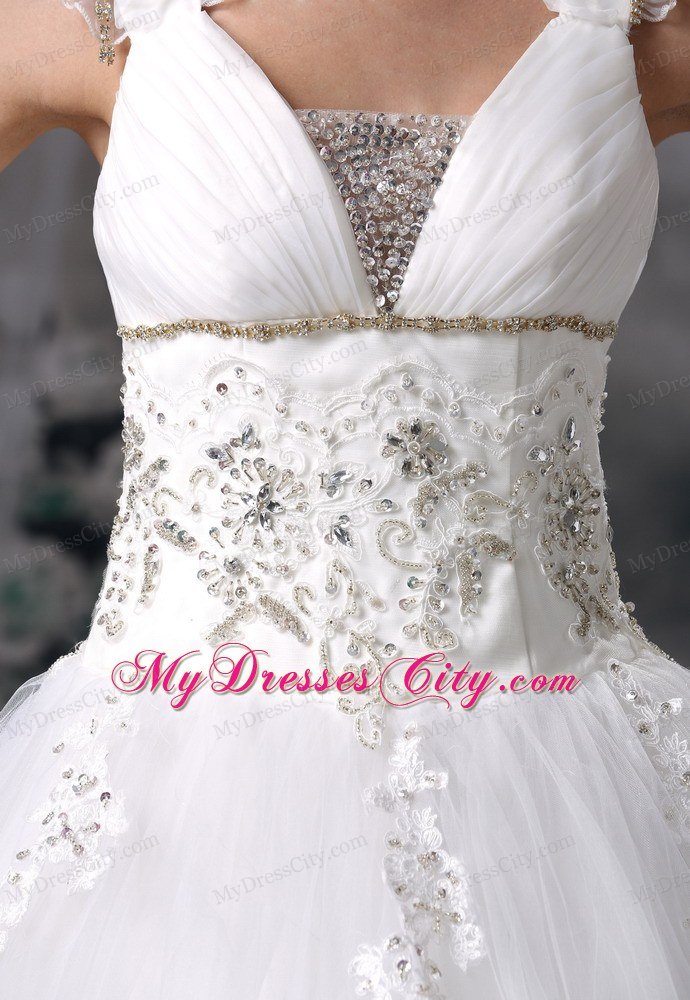 Princess V-neck Flowers Beading Appliques Wedding Dress For Garden