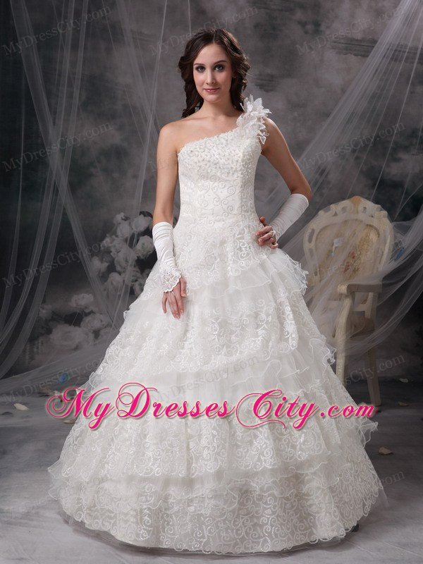 A-line Single Shoulder Flowers Lace Ruffles Layers Wedding Dresses