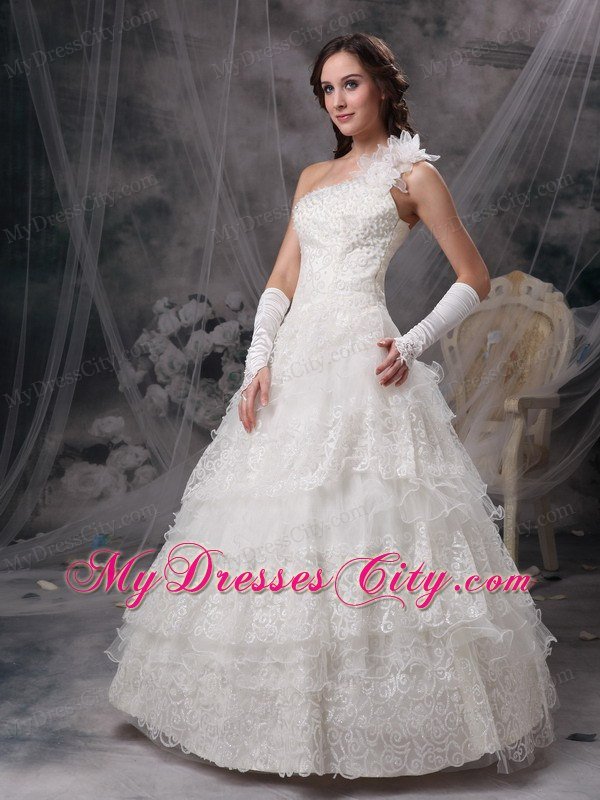 A-line Single Shoulder Flowers Lace Ruffles Layers Wedding Dresses