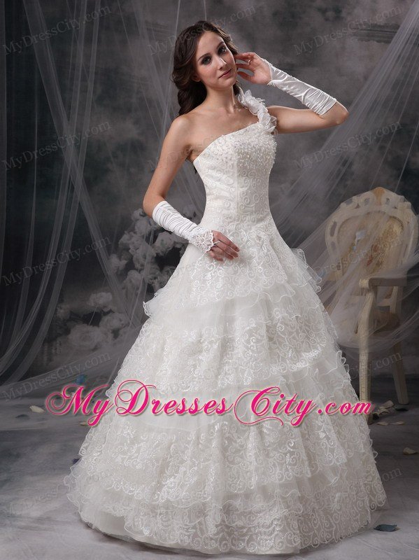 A-line Single Shoulder Flowers Lace Ruffles Layers Wedding Dresses