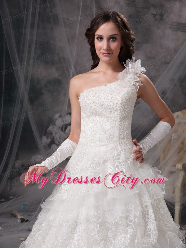 A-line Single Shoulder Flowers Lace Ruffles Layers Wedding Dresses