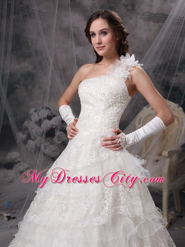 A-line Single Shoulder Flowers Lace Ruffles Layers Wedding Dresses