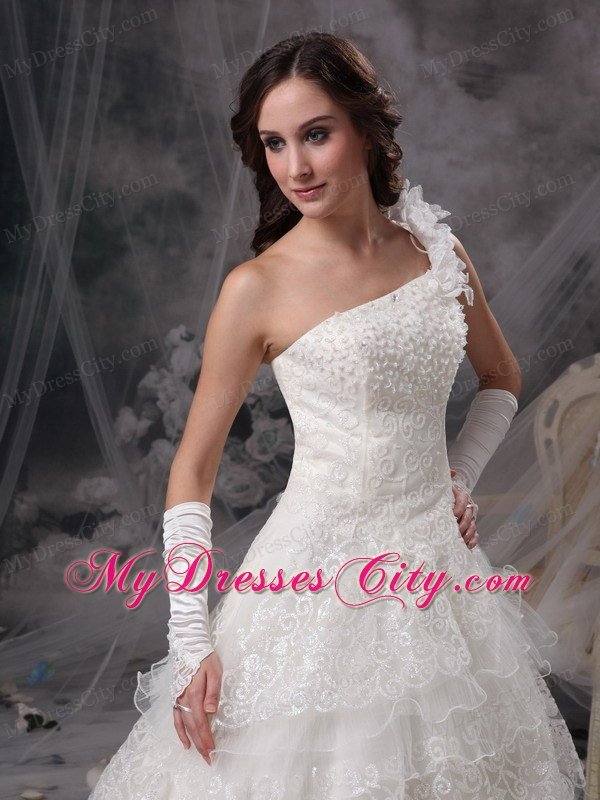 A-line Single Shoulder Flowers Lace Ruffles Layers Wedding Dresses