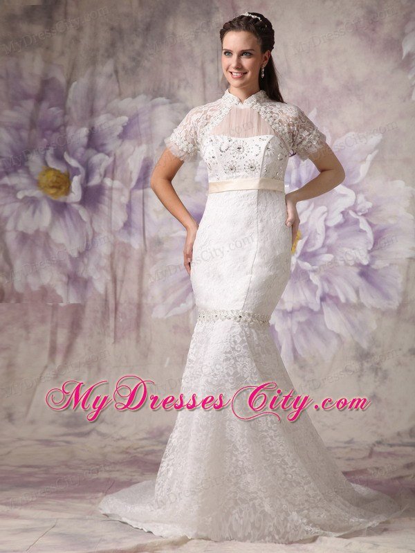 Luxurious Mermaid Beaded High-neck Lace Bridal Dresses with Short Sleeves