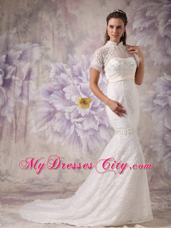 Luxurious Mermaid Beaded High-neck Lace Bridal Dresses with Short Sleeves