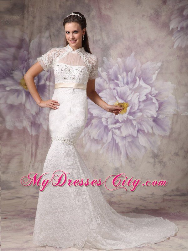 Luxurious Mermaid Beaded High-neck Lace Bridal Dresses with Short Sleeves