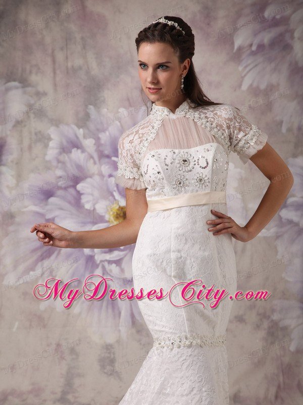 Luxurious Mermaid Beaded High-neck Lace Bridal Dresses with Short Sleeves