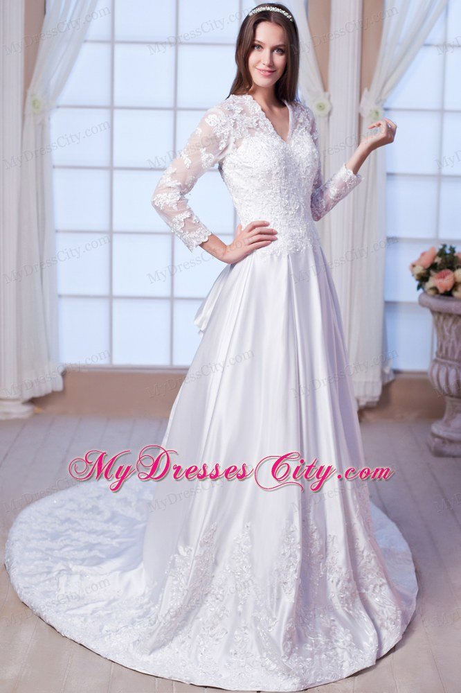 Chapel Train Long Sleeves Embroidery Lace Wedding Bridal Gowns for Latest