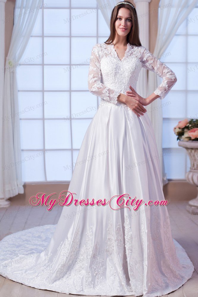 Chapel Train Long Sleeves Embroidery Lace Wedding Bridal Gowns for Latest