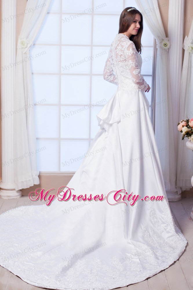 Chapel Train Long Sleeves Embroidery Lace Wedding Bridal Gowns for Latest