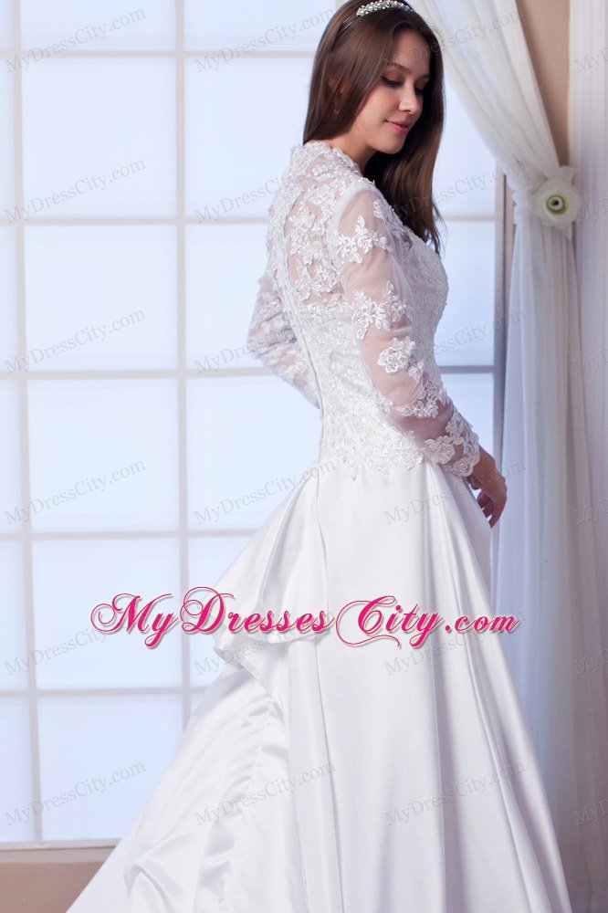 Chapel Train Long Sleeves Embroidery Lace Wedding Bridal Gowns for Latest