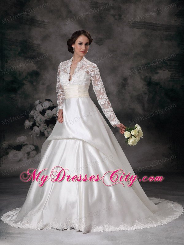 Luxurious Lace Long Sleeves A-line Church Wedding Dresses with Sheer Neckline