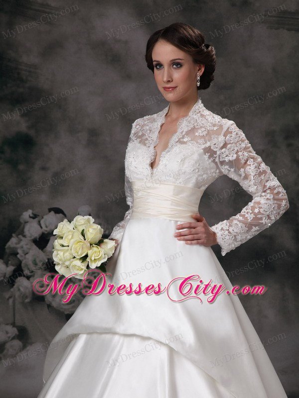 Luxurious Lace Long Sleeves A-line Church Wedding Dresses with Sheer Neckline