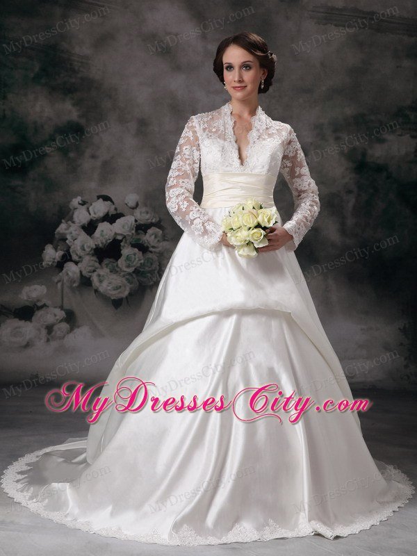 Luxurious Lace Long Sleeves A-line Church Wedding Dresses with Sheer Neckline