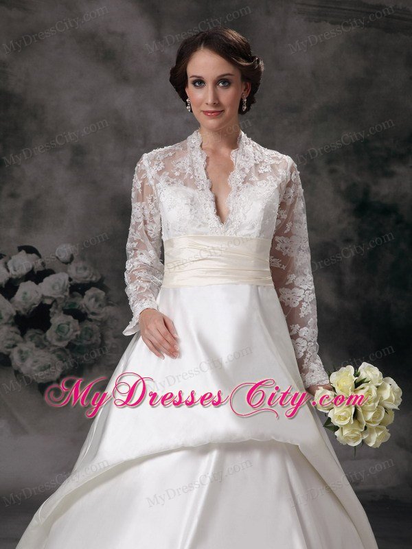 Luxurious Lace Long Sleeves A-line Church Wedding Dresses with Sheer Neckline