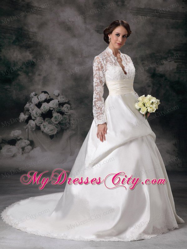 Luxurious Lace Long Sleeves A-line Church Wedding Dresses with Sheer Neckline