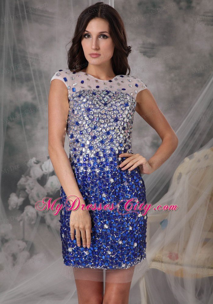 Peacock Blue Sheath Tulle Beading Mini-length Scoop Nightclub Dress