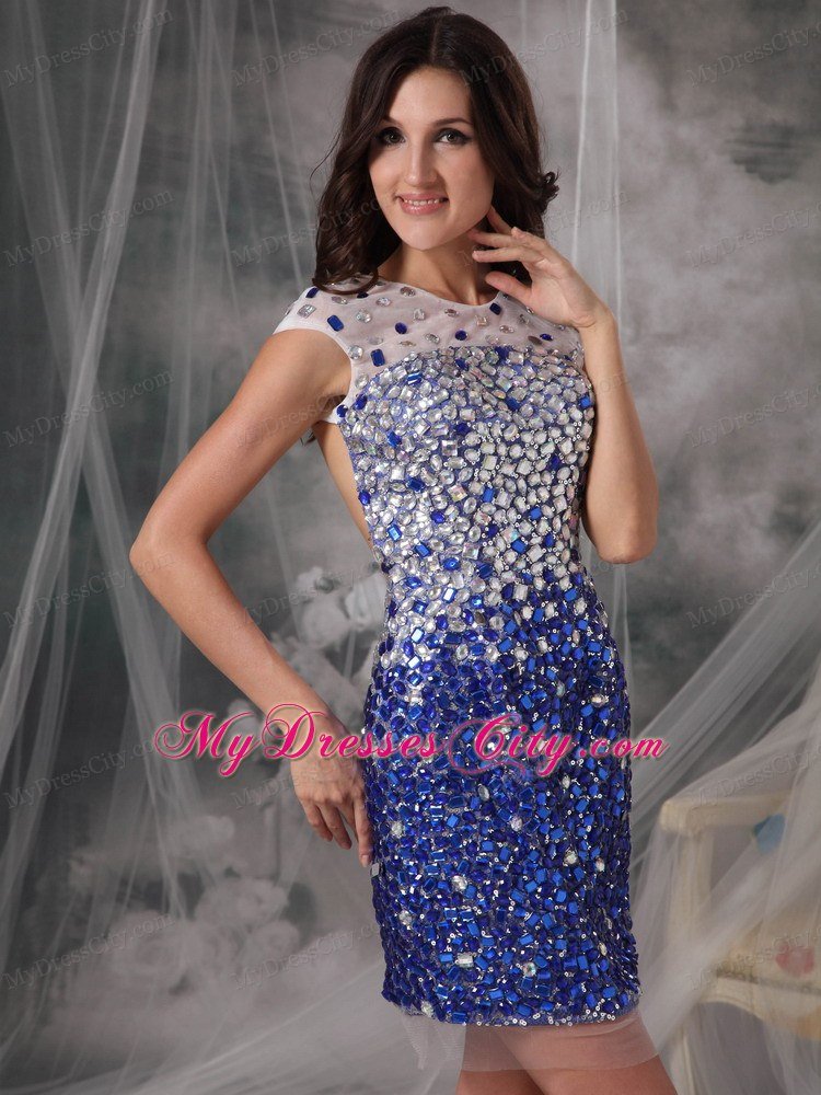 Peacock Blue Sheath Tulle Beading Mini-length Scoop Nightclub Dress