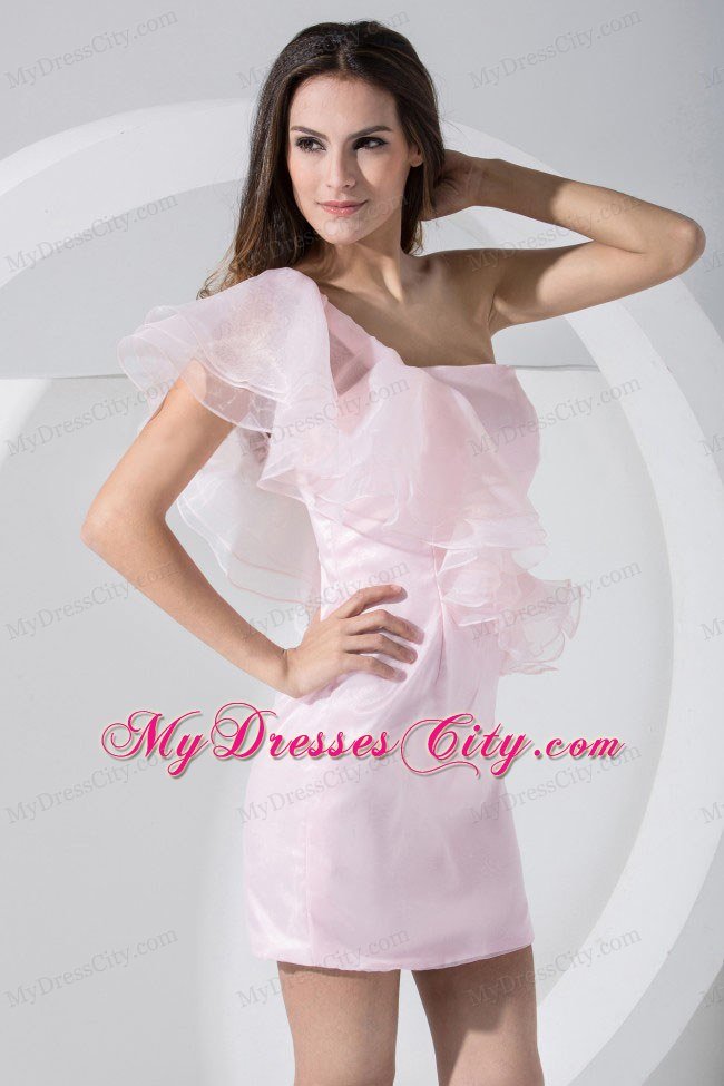 Light Pink Mini-length Nightclub Dress with Layered One Shoulder