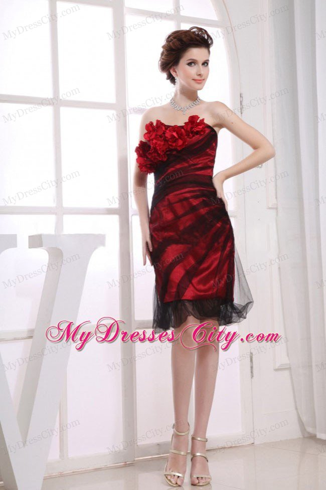 Strapless Hand Flowers Knee-length Red Nightclub Dress with Tulle