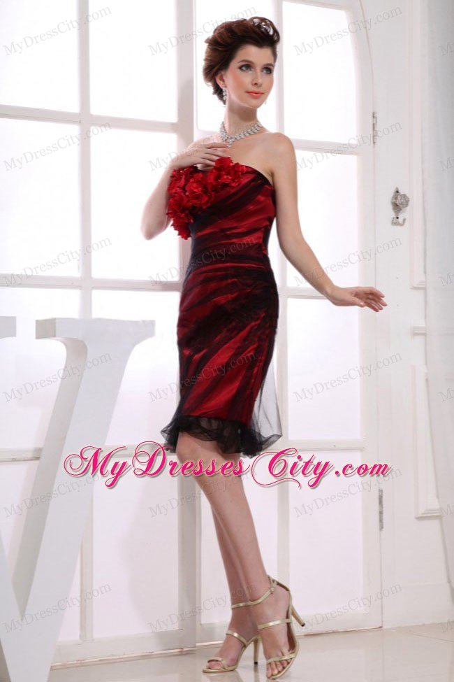 Strapless Hand Flowers Knee-length Red Nightclub Dress with Tulle