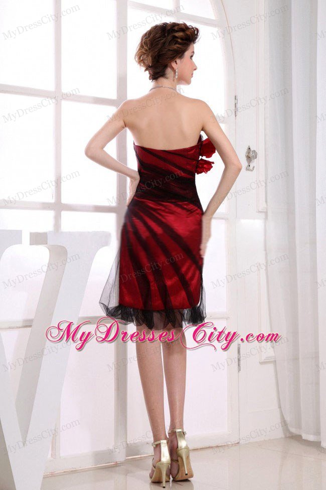 Strapless Hand Flowers Knee-length Red Nightclub Dress with Tulle