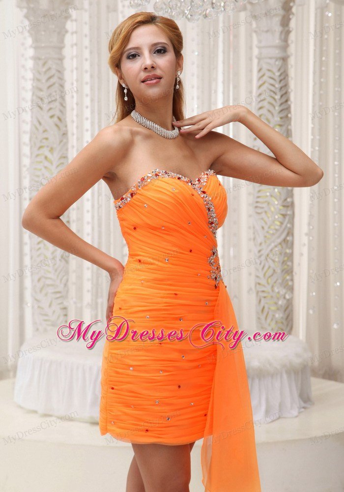 Ruches Beaded Decorated Sweetheart Orange Dress for Nightclub