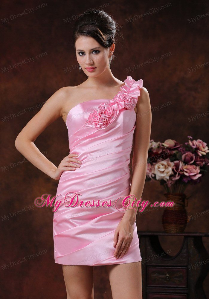 Flowery One Shoulder Rose Pink Club Wear With Diagonal Ruche