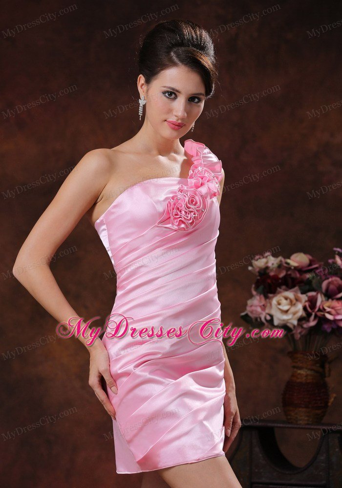 Flowery One Shoulder Rose Pink Club Wear With Diagonal Ruche