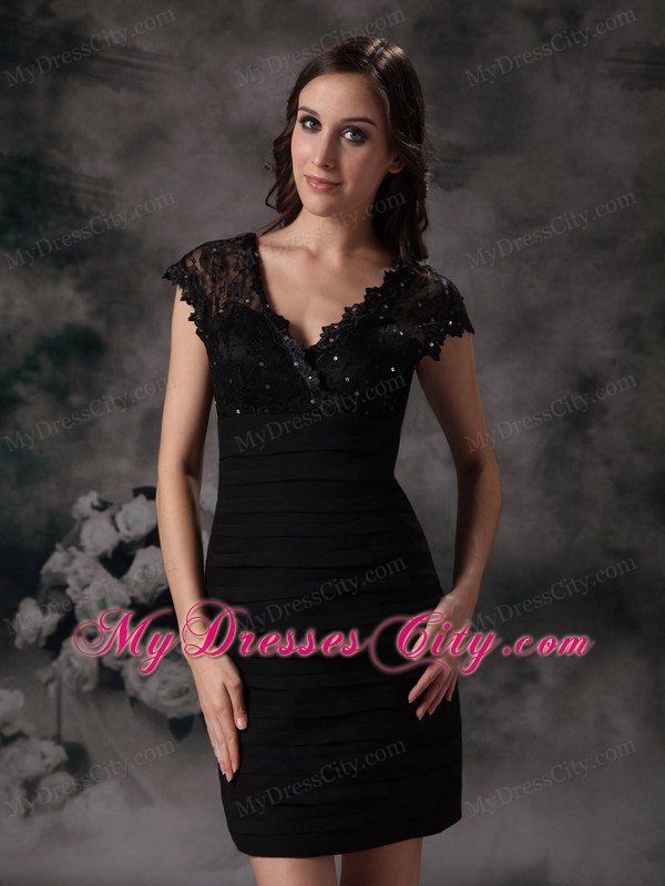 Lace Beaded V-neck Sheath Lil Black Dress with Short Sleeves