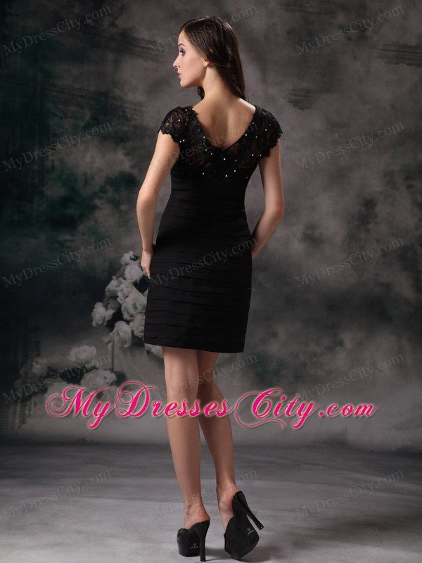 Lace Beaded V-neck Sheath Lil Black Dress with Short Sleeves