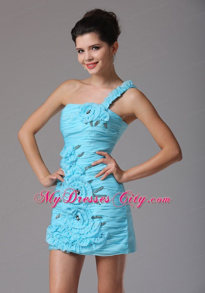 Short Asymmetrical Aqua Blue Club Wear with Hand-made Flower