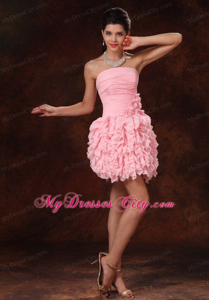 Pink Strapless Mini Clubwear with Ruffles and Hand Made Flowers