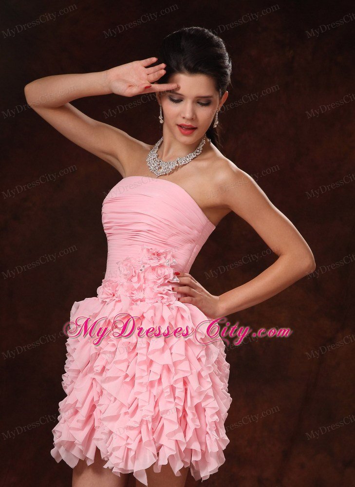 Pink Strapless Mini Clubwear with Ruffles and Hand Made Flowers