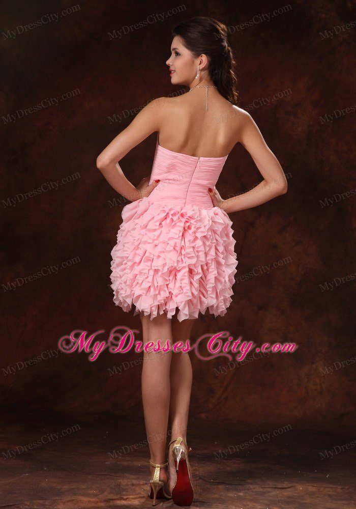 Pink Strapless Mini Clubwear with Ruffles and Hand Made Flowers