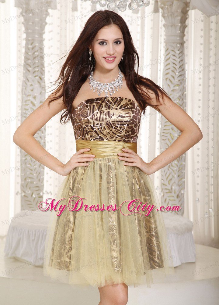 Knee-length Champagne and Leopard A-line Tulle Nightclub Dress