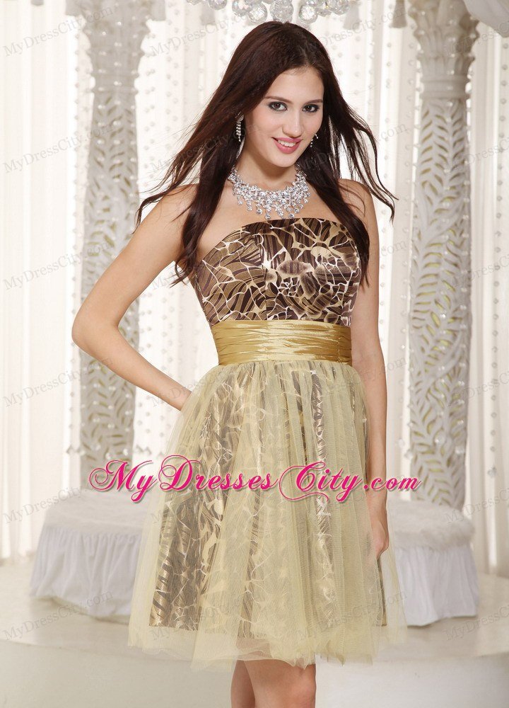 Knee-length Champagne and Leopard A-line Tulle Nightclub Dress