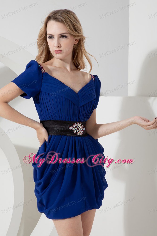 Mini Blue V-neck and Off-shoulder Clubwear with Beaded Waist Band