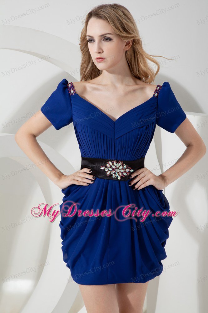 Mini Blue V-neck and Off-shoulder Clubwear with Beaded Waist Band